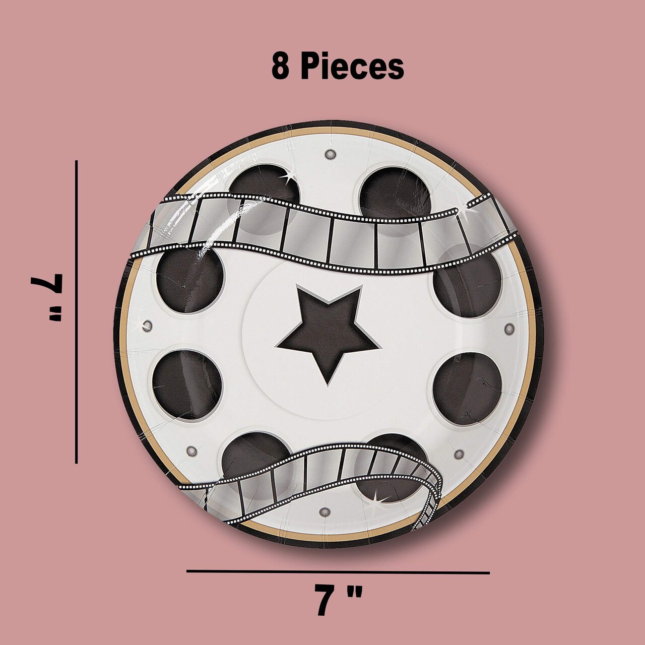 8 Count 7" Movie Night Film Reel Round Disposable Dessert Plates Fun Cinema Party Tableware